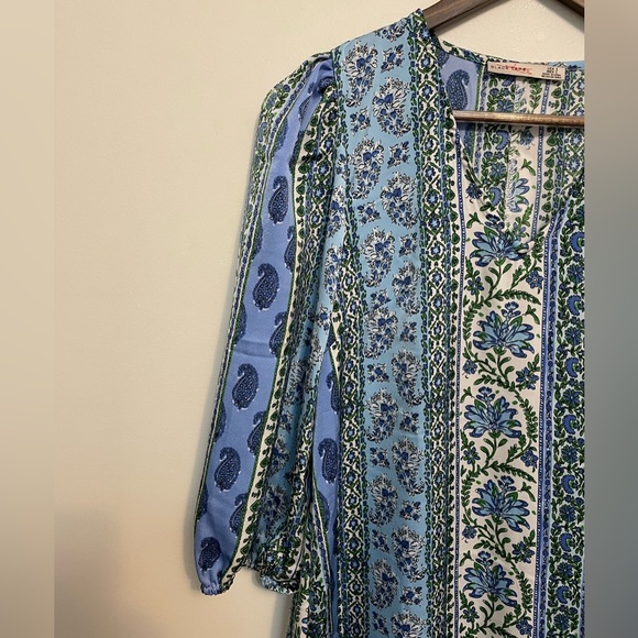 Black Tape Blue, Green, White Paisley Patchwork Rufled Hem Silk Dress - Picture 5 of 6